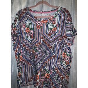 Rafaella Womens 2X Plus Size Multicolor Geometric Floral Ruffle Short Sleeve Top